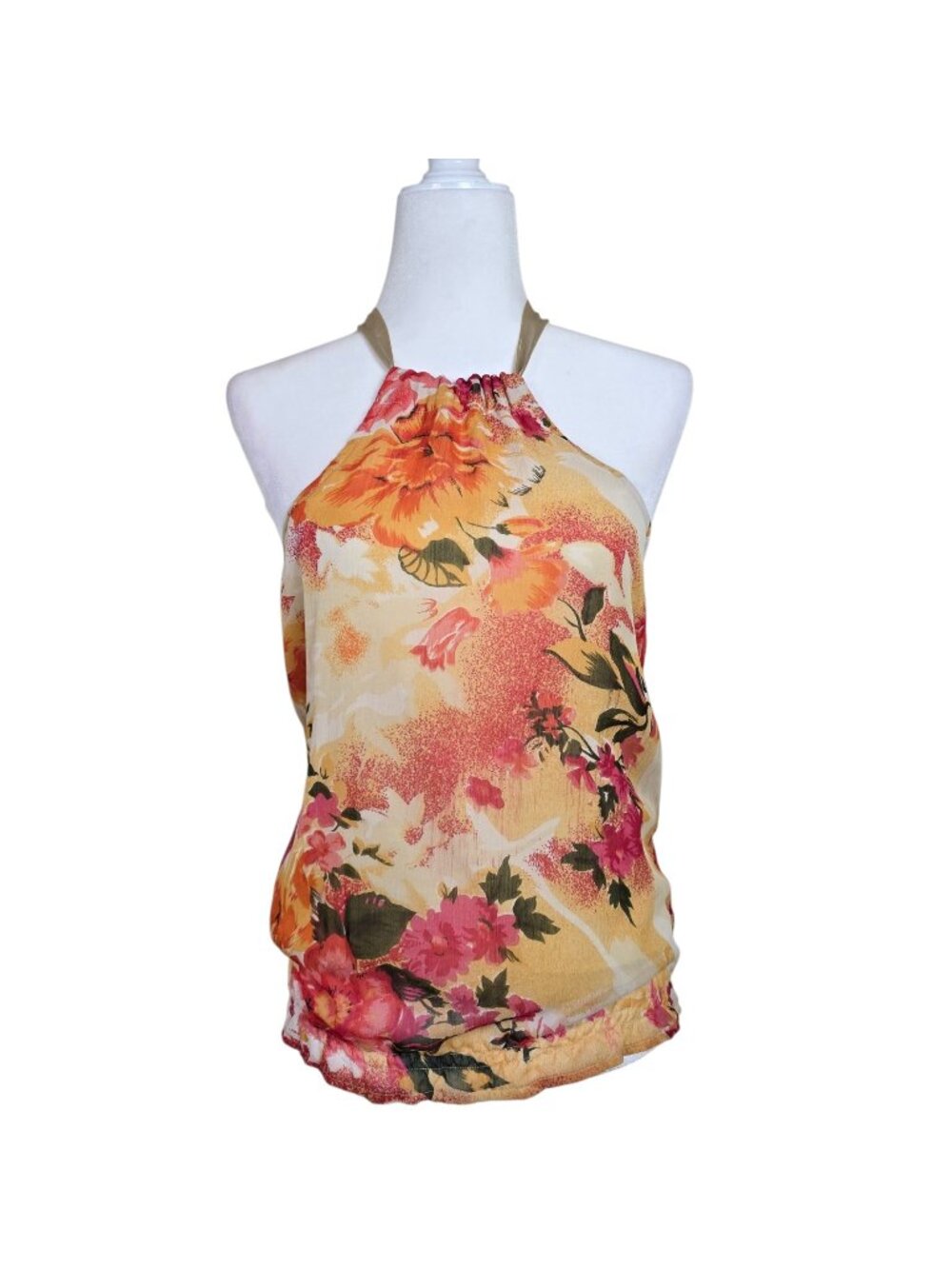 Y2K Tramp Womens Silk Tropical Floral Fairy Resort Island Beachy Halter Top Med